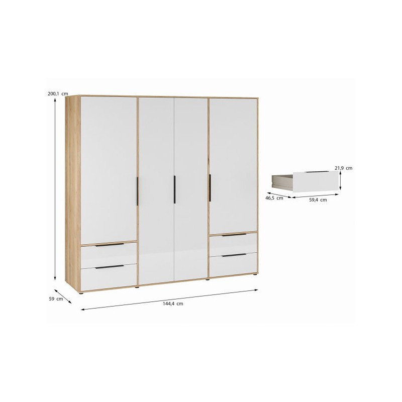 Szafa 210 cm z szufladami Orkney OKYS841dąb mauvella/biały połysk