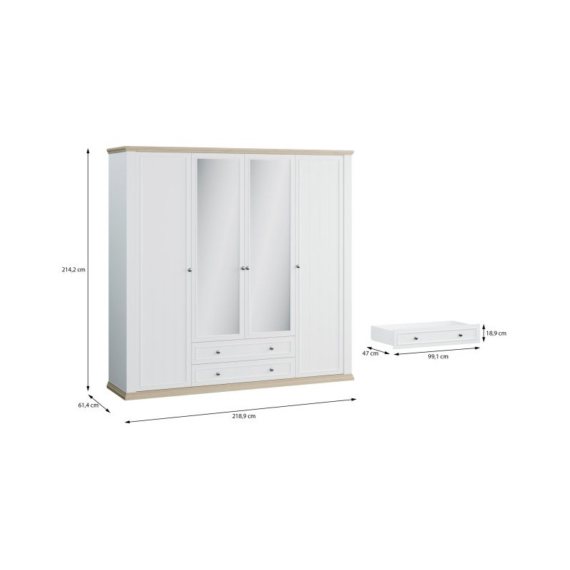 Szafa  z lustrem 220 cm Pontypool PNTS941 biały/dąb riva