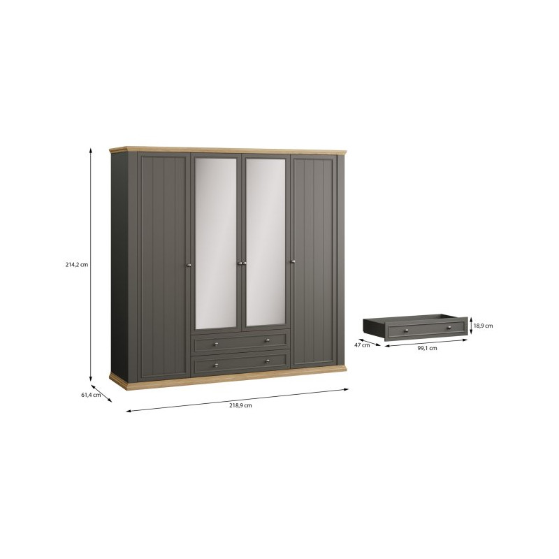 Szafa z lustrem 220 cm Pontypool PNTS941 uni wolfram szary/dąb mauvella
