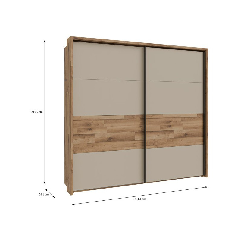 Szafa 230 cm z oświetleniem Ricciano RCQS92413B piaskowy/dąb klepkowy