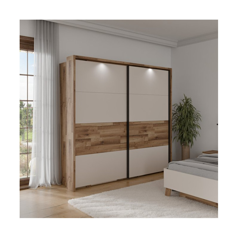 Szafa 230 cm z oświetleniem Ricciano RCQS92413B piaskowy/dąb klepkowy