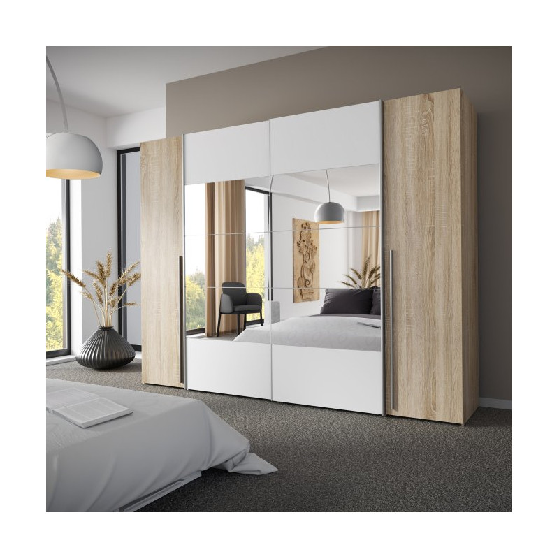 Szafa 4-drzwiowa z lustrem 270 cm Narago RXGS82511 dąb sonoma/biały