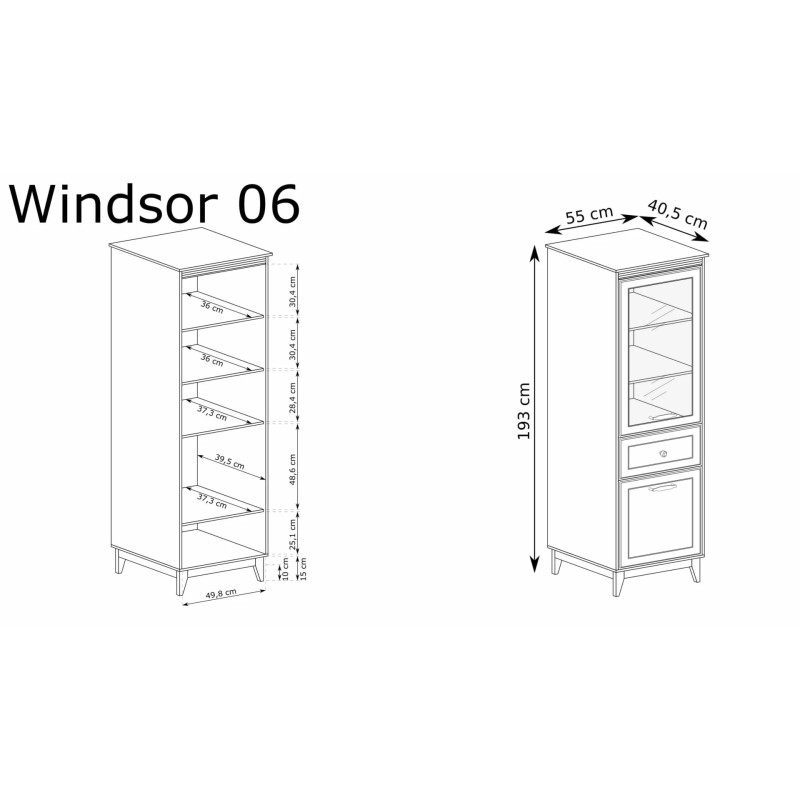 Witryna WINDSOR W6 wysoka z przeszklonymi drzwiami - wymiary