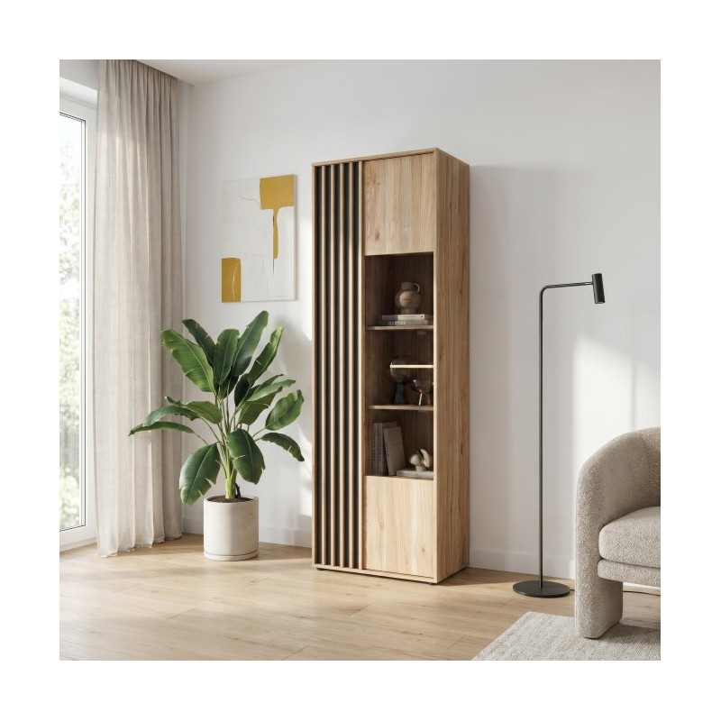 Wąska witryna 65 cm Arank do salonu | dąb mauvella/czarny
