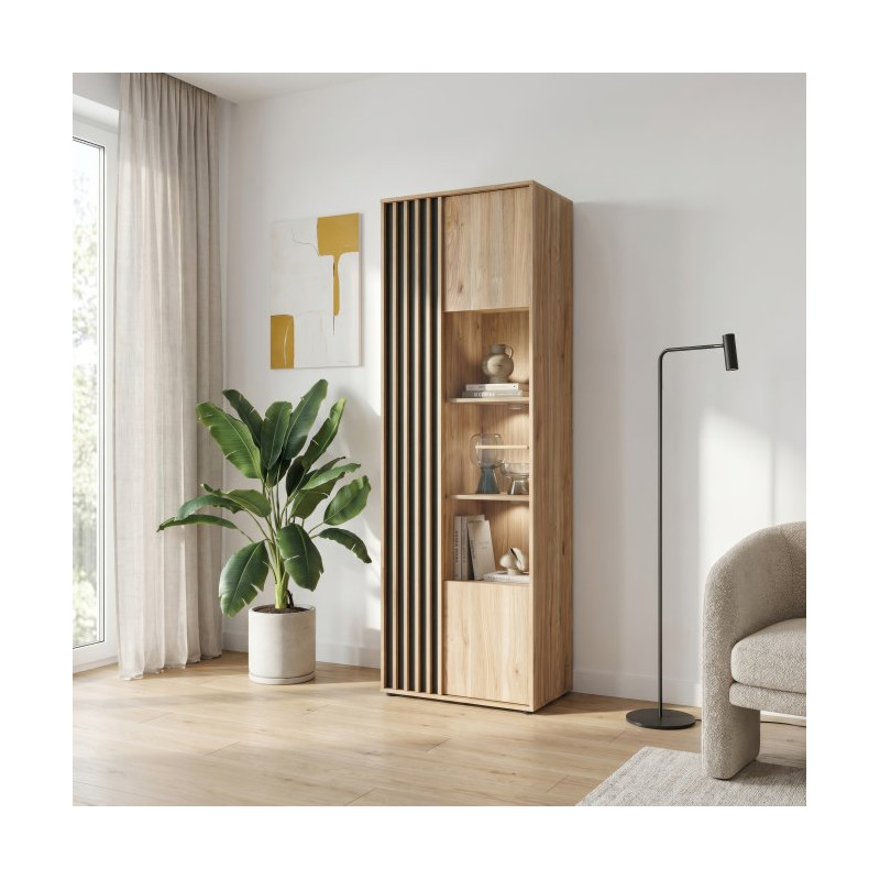 Wąska witryna 65 cm Arank do salonu | dąb mauvella/czarny