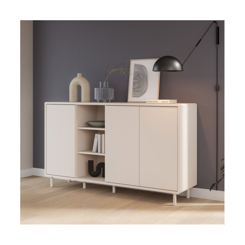 Komoda do salonu 160 cm Playly z szafkami i otwartymi półkami