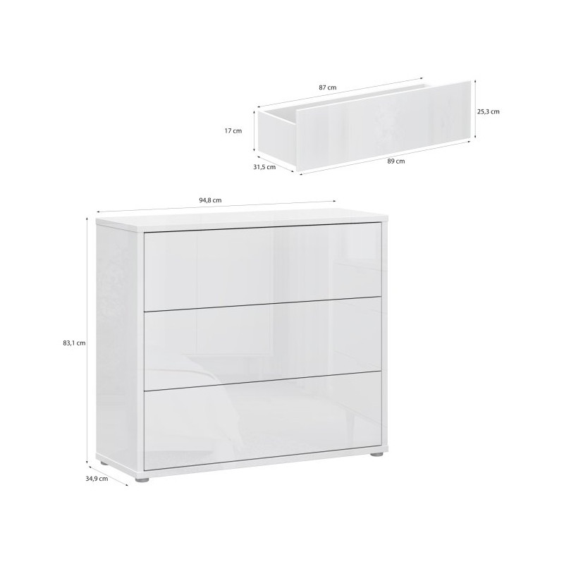 Komoda Sophistispace z 3 szufladami do salonu | kolor biały połysk
