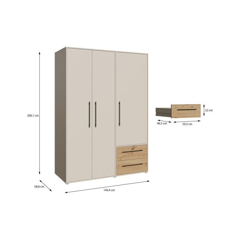 Szafa 145 cm JUPITER piaskowy/dąb artisan – skandynawski styl