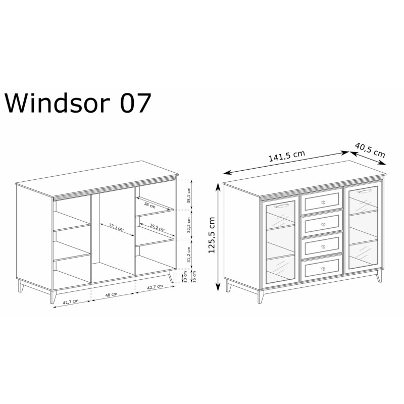 Witryna WINDSOR szeroka z przeszkleniem i szufladami - wymiary