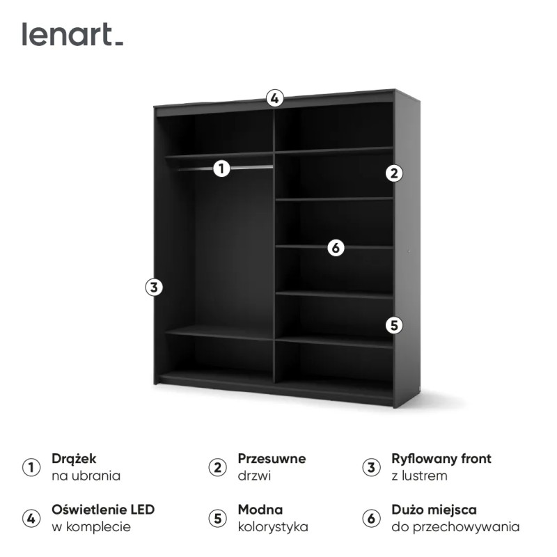 Szafa TZ-01 200 cm z lustrem i LED czarna | Domowanie.pl