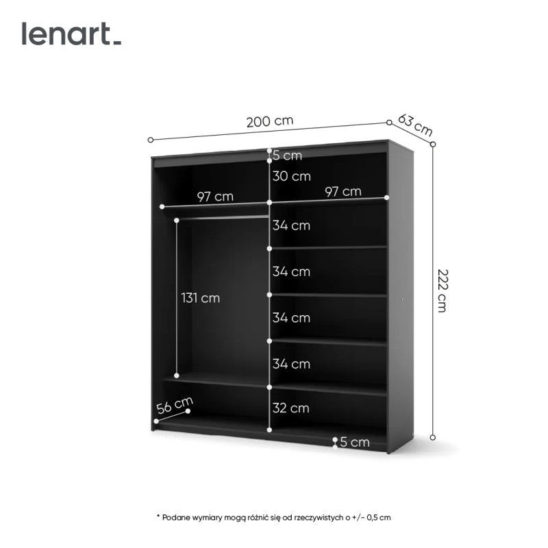 Szafa TZ-01 200 cm z lustrem i LED czarna | Domowanie.pl