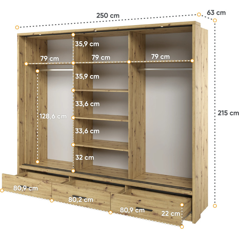 Szafa przesuwna 250 cm z lustrem Arti AR-01 Dąb Artisan Lenart
