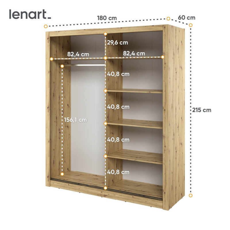Szafa przesuwna 180 cm 2D z lustrem Arti AR-03 Dąb Artisan Lenart