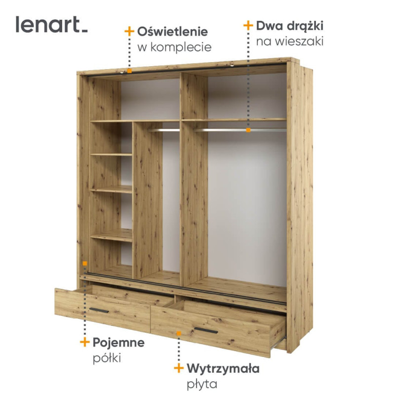 Szafa przesuwna 2D2S z lustrem i oświetleniem Arti AR-05 Dąb Artisan Lenart