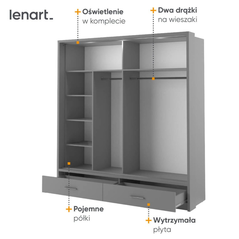 Szafa przesuwna 2D2S z lustrem i oświetleniem Arti AR-05 Szary Lenart