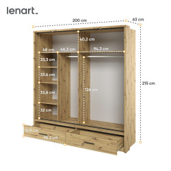 Szafa przesuwna 2D2S z lustrem i oświetleniem Arti AR-052L Dąb Artisan Lenart