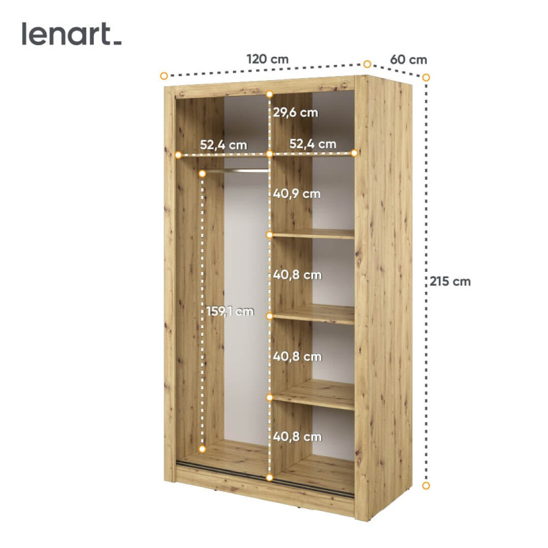 Szafa 2D 120 cm z lustrami Arti AR-19 Dąb Artisan Lenart