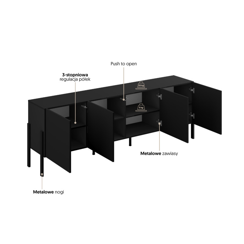 Komoda JUKON czarny Onyks 204 cm 4D | Domowanie.pl