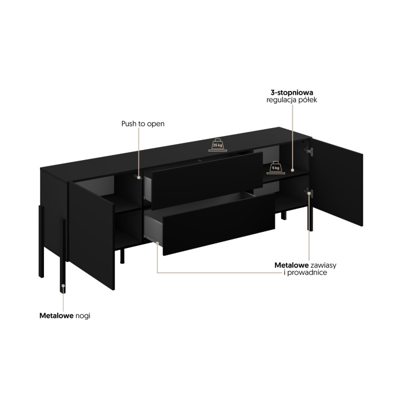 Komoda RTV JUKON czarny Onyks 204 cm | Domowanie.pl
