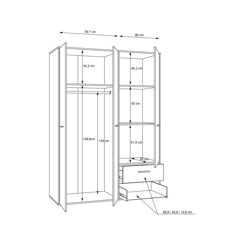 Szafa trzydrzwiowa 145 cm JUPITER biały – skandynawski styl