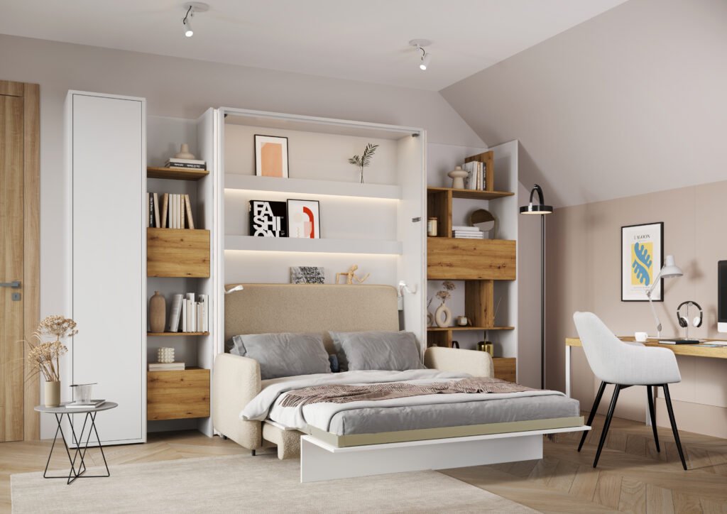 Półkotapczan BC-01 BED CONCEPT z sofą BC-18 140, regałami BC-23, BC-28 oraz szafą BC-21
