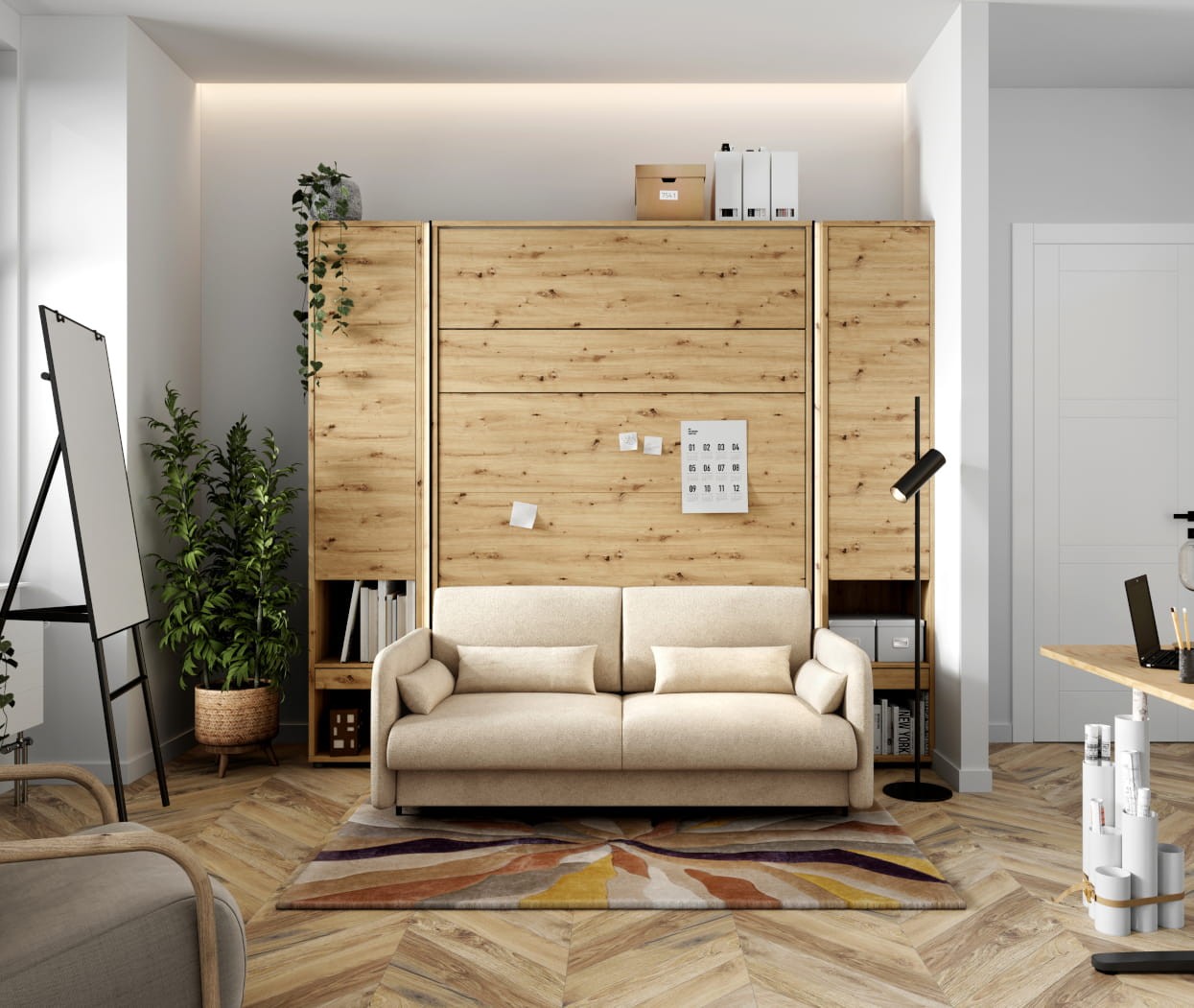 Półkotapczan Bed Concept z sofą w małym salonie