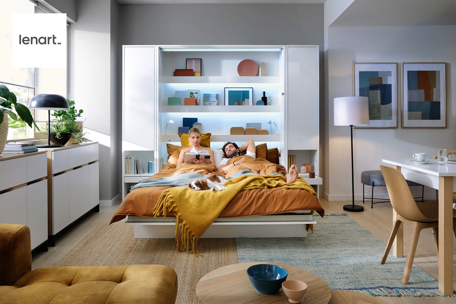 Rozłożony półkotapczan Bed Concept Lenart w jasnej sypialni