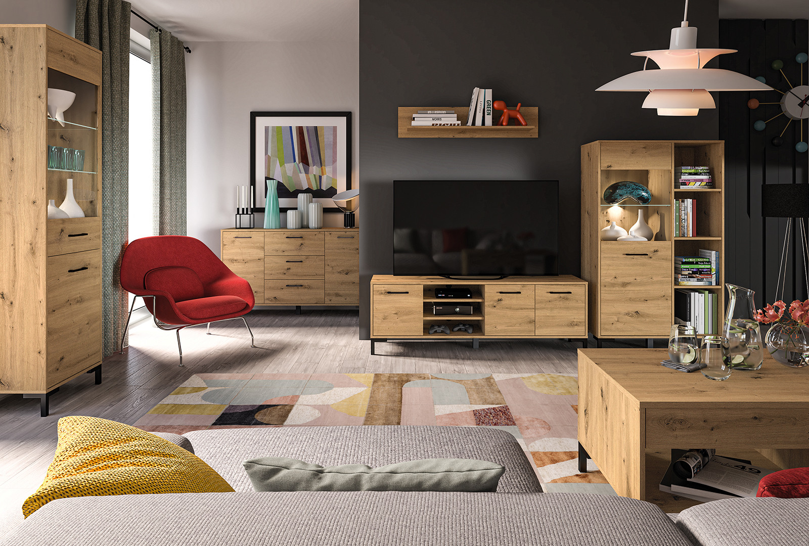 Salon z meblami w dekorze dąb artisan z kolekcji Nevio