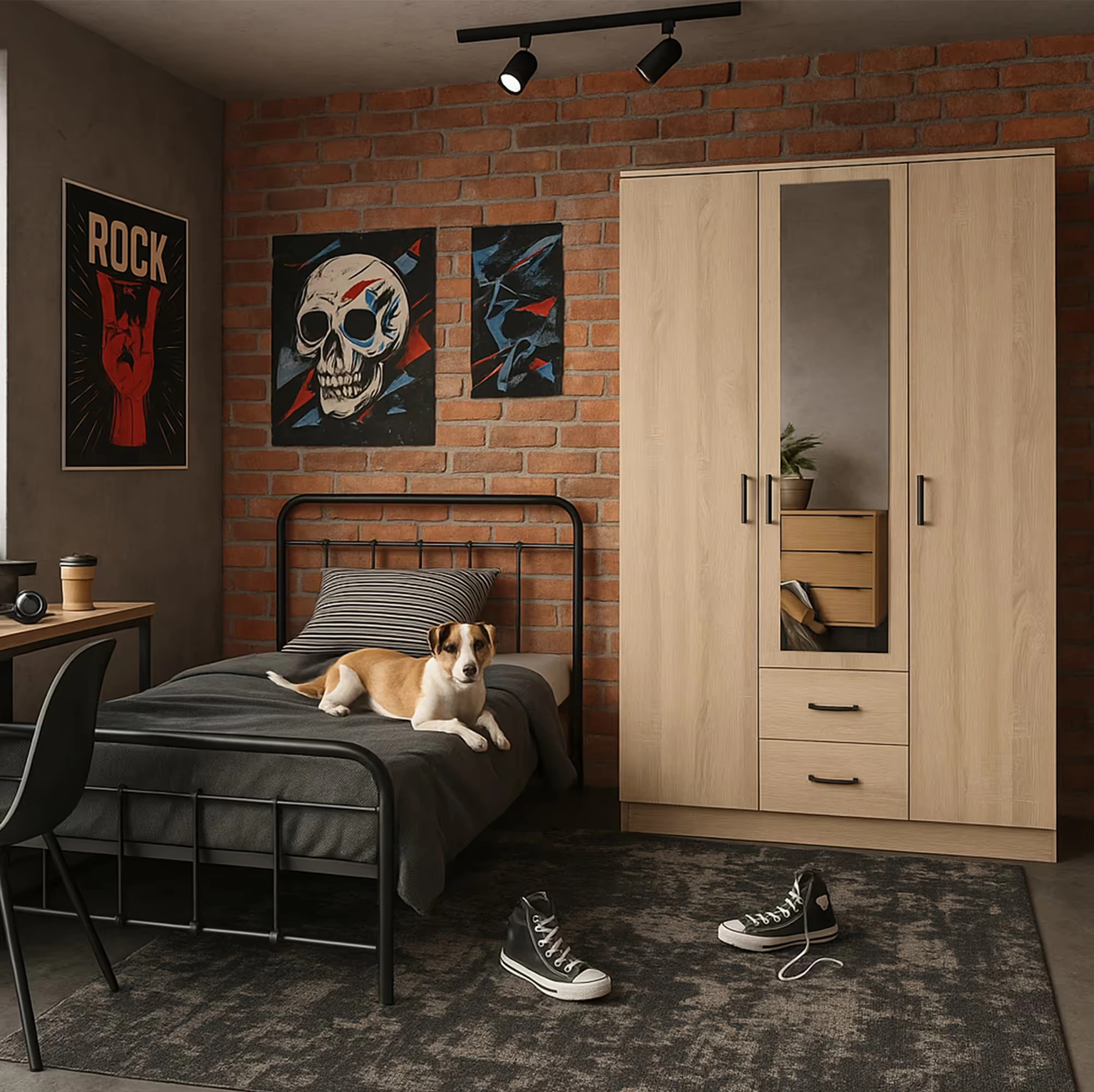 Sypialnia w stylu loft z szafą dąb sonoma i ceglaną ścianą